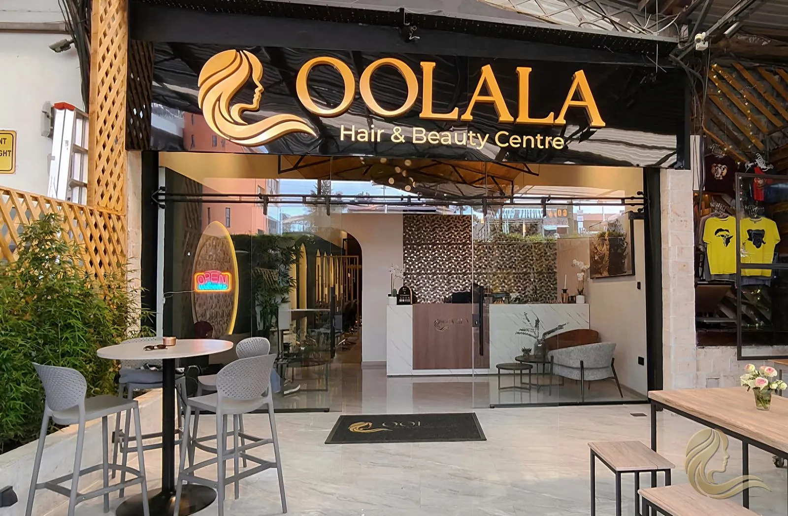 OOLALA Hair and Beauty Centre storefront with golden sign at The Gigiri Courtyard, Nairobi